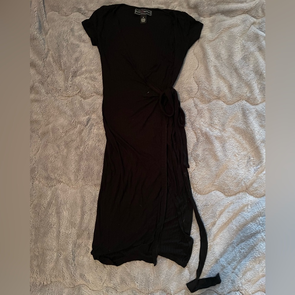 Polly & Esther black dress wrap dress sexy low v neck high slit medium